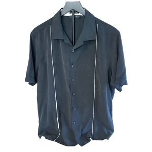 Axist Mens Washable Silk Short Sleeve Button Down Shirt Black White Piping Large